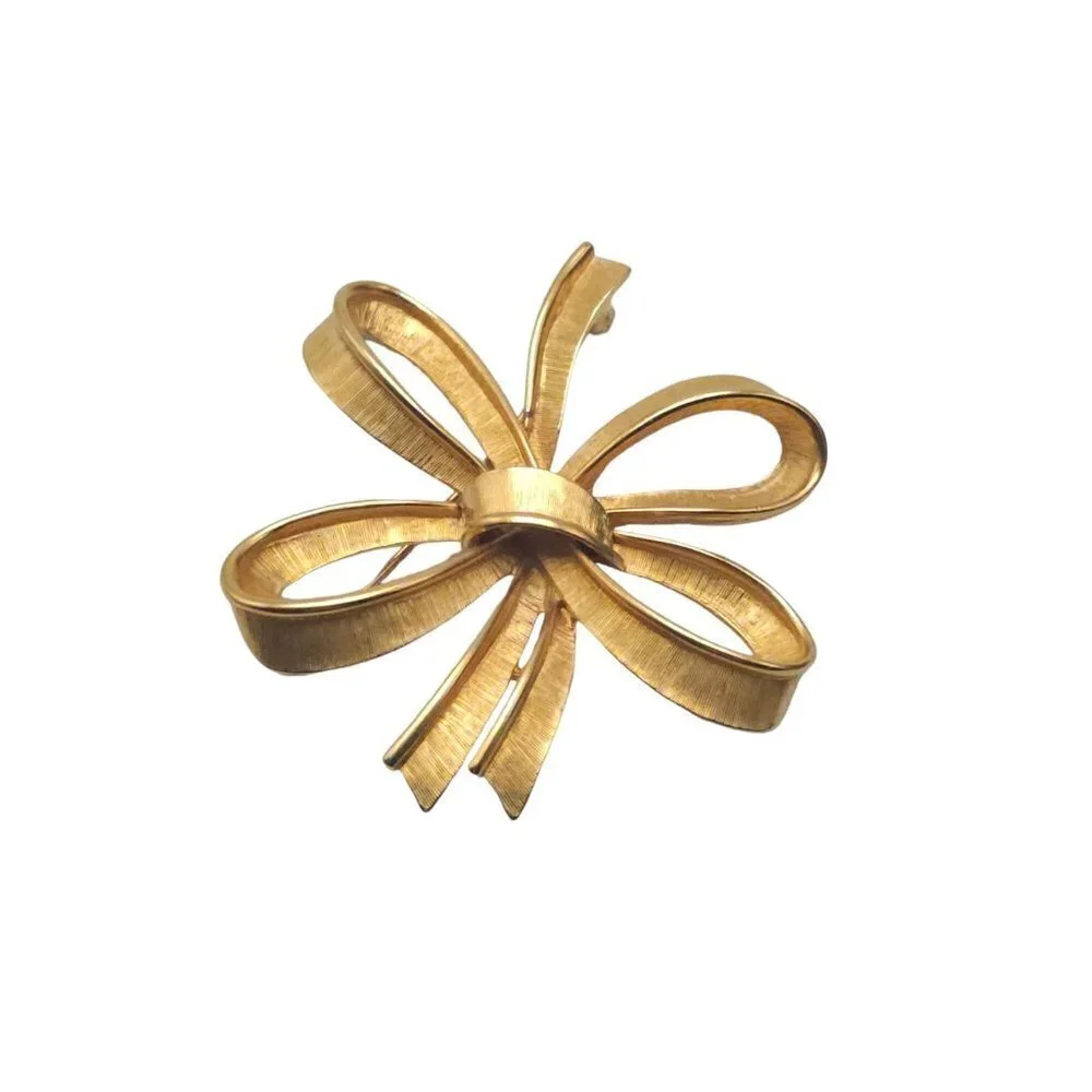 Monet Brushed Double Loop Bow Brooch Pin Gold Tone Vintage 1960s
